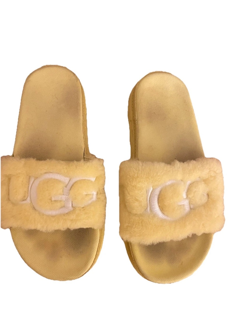 UGG Women’s Laton Margarita Yellow Fur Slide Logo Fluffy Sheepskin Strap College